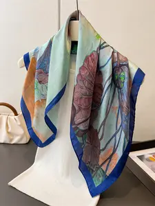 Spring Summer Vintage Chinese Style Oil Painting Leaf Print Multifunctional Square Scarf, Suitable for Daily Use, Office, Vacation
