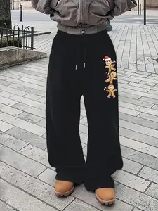 Men's Casual Sporty Long Pants, Christmas Gingerbread Man Pattern Print, Drawstring Wide Leg, All Seasons Wear, Loose Fit, Drawstring Waist Sweatpants