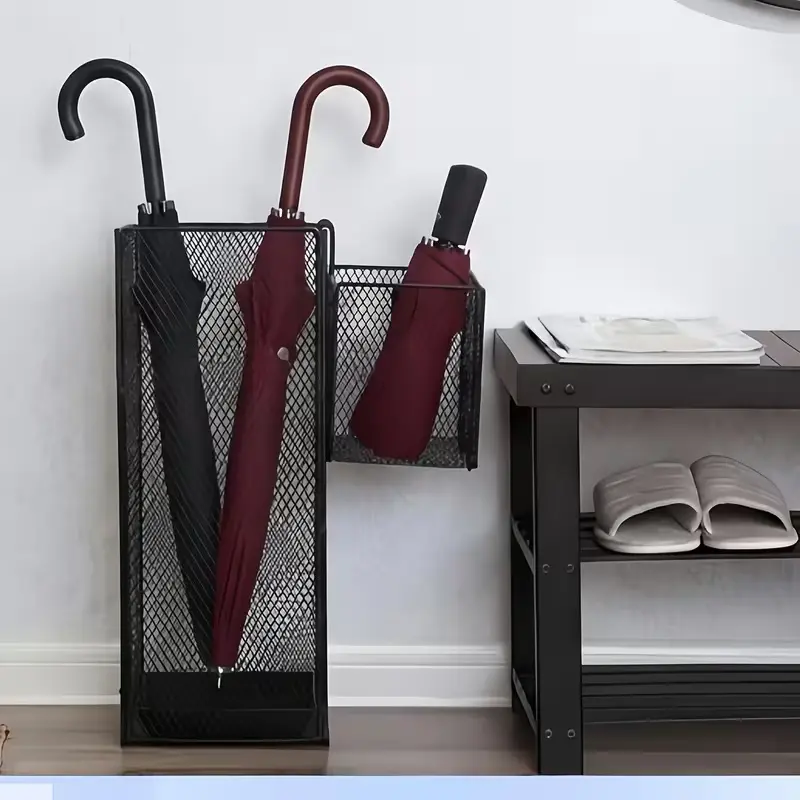 Large Metal Umbrella Stand with Freestanding Design, Removable Water Tray, Hooks & Rectangular Hollow Rack - Home Supplies for Entryway, Home Office Decor