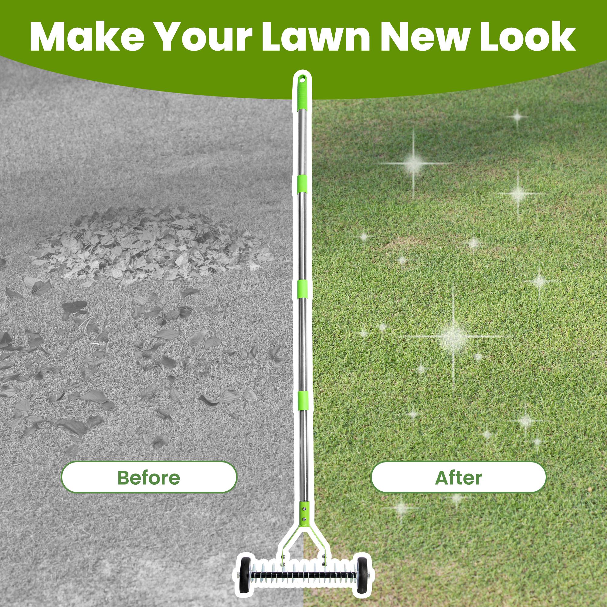 【seckill19%】Lawn rake, adjustable gardening rake head, 38inch to 65inch handle with wheels, 21 and 11 double-sided steel teeth, heavy-duty weeding rake suitable for both cold and warm season lawns, used for landscaping and lawn maintenance (green)