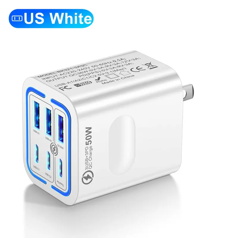 KAXOE 50W Portable Square Cube Plug 6-Port USB-C/USB-A Fast Charger Dock, Multi-Port Adapters for Travel Bags, Compatible with iPhone 16/15/14/13 Pro Max Plus, iPad, Samsung Smartphones