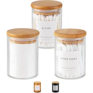 Vase and Vessel Mini Glass Apothecary Jars with Bamboo Lids, Small Bathroom and Kitchen Storage Containers, For Cotton Balls, Pads and Swabs, 10 oz, Set of 3 (Clear)