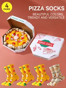 4 Pairs Value Pizza Gift Box Socks, 2026 Spring Summer Trendy Sports Socks, Unisex Long Tube Socks, Casual Fashion for All Seasons Ideal gift for Valentine's Day/Easter/Ramadan/Super Bowl/Family Day