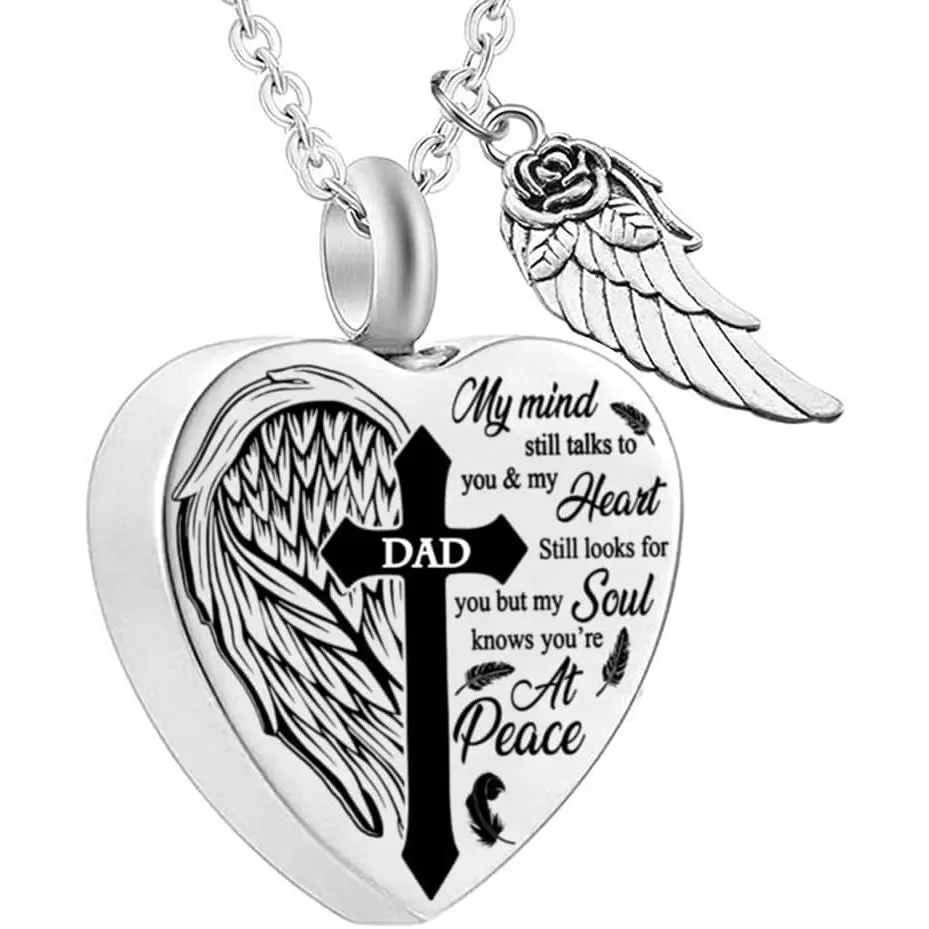 Angel Wing Heart Urn Necklace for Ashes, Cremation Keepsake Jewelry, Memorial Gifts for Loss of Dad, Grandpa, Brother