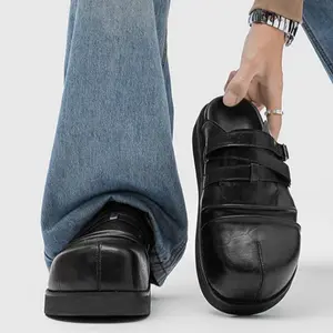 Men’s Cross‑Buckle Wrinkle‑Leather Platform Mules. Multiple adjustable straps deliver avant‑garde style, vintage wrinkled leather enhances texture. Split‑toe design adds trendy touch, thick non‑slip sole offers leg‑lengthening effect.