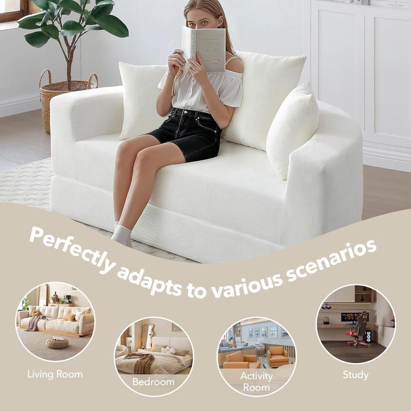 Round Boneless Couch, Corduroy Upholstered Folding Convertible Sofa Bed with Pillows, 2-in-1 Futon Sofa Bed with Half-Circle Design, Comfy Loveseat for Living Room, Apartment (Beige)