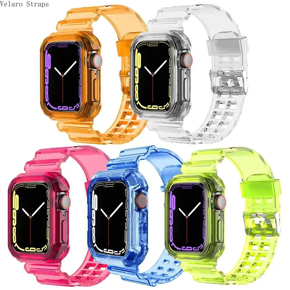 Clear Transparent Integrated Band & Protective Bumper Case for Apple Watch, Ice Block Style Hard Plastic Strap Compatible with iWatch Ultra/SE/Series 3-9, 38-49mm All-In-One Accessory