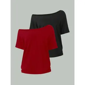 2pcs Women's Loose Asymmetric Neck T-Shirts, Elegant Black And Red Solid Color Oversized Tees