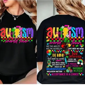 Autism World Tour T-Shirt – Neurodiversity Acceptance Tee with Be Kind, Think Differently, Inclusion Matters Quotes, Bright Puzzle Art Shirt Supporting Autism Awareness