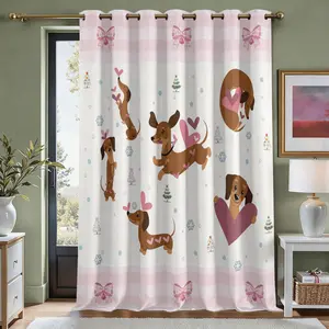 2-piece romantic pink dachshund bow love print single light-blocking curtain, suitable for living room wardrobe bedroom kitchen outdoor decoration partition curtains