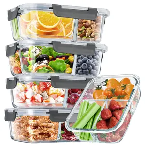 5 Pcs Glass Food Storage Containers with Lids, 2 & 3 Compartment Glass Airtight Meal Prep Containers , Oven & Freezer Safe, Leak Proof - Grey
