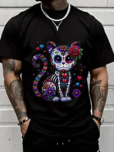Sugar Skull Cat T-Shirt, Unisex Dia de los Muertos Graphic Tee, 100% Cotton Casual Streetwear Crewneck Retro Washed 230gsm Cotton Streetwear Style Unisex T-Shirt high Street Retro Style Casual Fashion Fashionable Outdoor Wear Simple Design