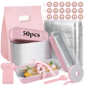 50 Pack Mini Loaf Pans With Lids，Mini Cake Pans With Lids and Spoons，6.8oz Bread Loaf Pans Disposable，Small Aluminum Cake Tins,Baking Pans Individual