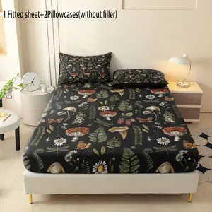 3pcs Polyester Mushroom Forest Print Bedding Set, Soft Comfortable Sheet and Pillowcases, Ideal for Bedroom and Guest Room, Gift for Family and Friends, Bed Sheet Sets, Bed Sheets Set