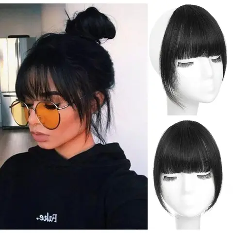 Clip in Bangs Real Human Hair Clip on Wispy Bangs Fringe with Temples Hairpieces Fake Front Bangs Extensions for Women Jet Black Color