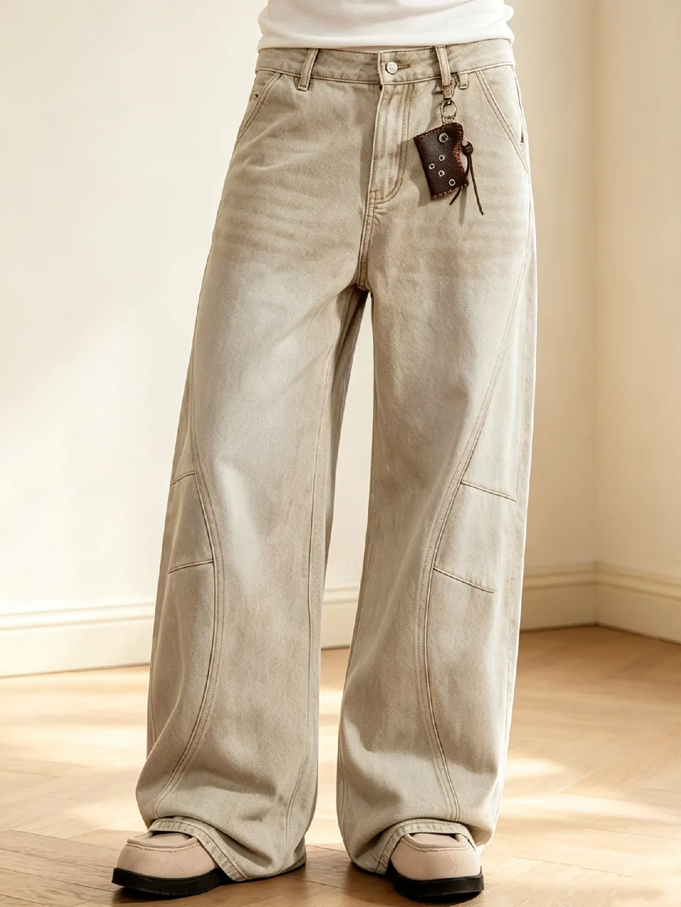 SRETOUU New Men's Vintage Baggy Wide Leg Jeans Seam Design Men Streetwear Loose Straight Denim Pants Menswear
