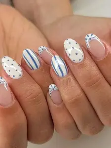 24pcs Oval Polka Dot French Style Acrylic Press-On Nails, Perfect Fit For Fingertips, Set Includes 1pc Jelly Gel And 1pc Nail File. Polka Dot Short Nails Make Your Fingertips Shine Brilliantly, Suitable For Parties, Dancing And Daily Use