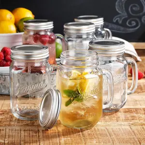 Mason Jar 16 Oz. Glass Mugs with Handle and Lid Set Of 6 Old Fashioned Drinking Glass Bottles  Mason Jar Pint Sized Cup Set.