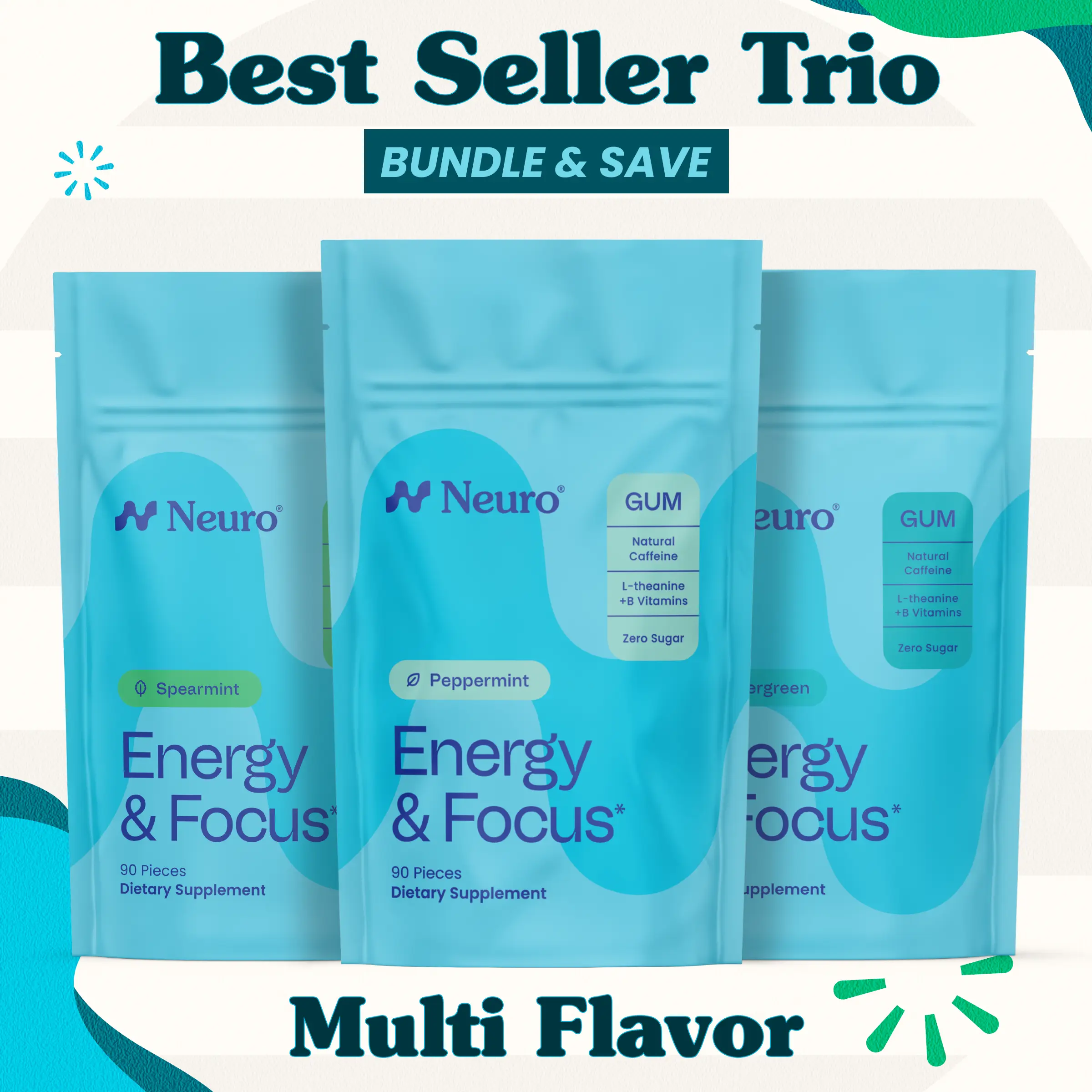 Best Seller Trio - Energy & Focus Caffeine Gum - Multi Flavor (3-Bulk Pouches) Best Seller Trio - Energy & Focus Caffeine Gum - Multi Flavor (3-Bulk Pouches)