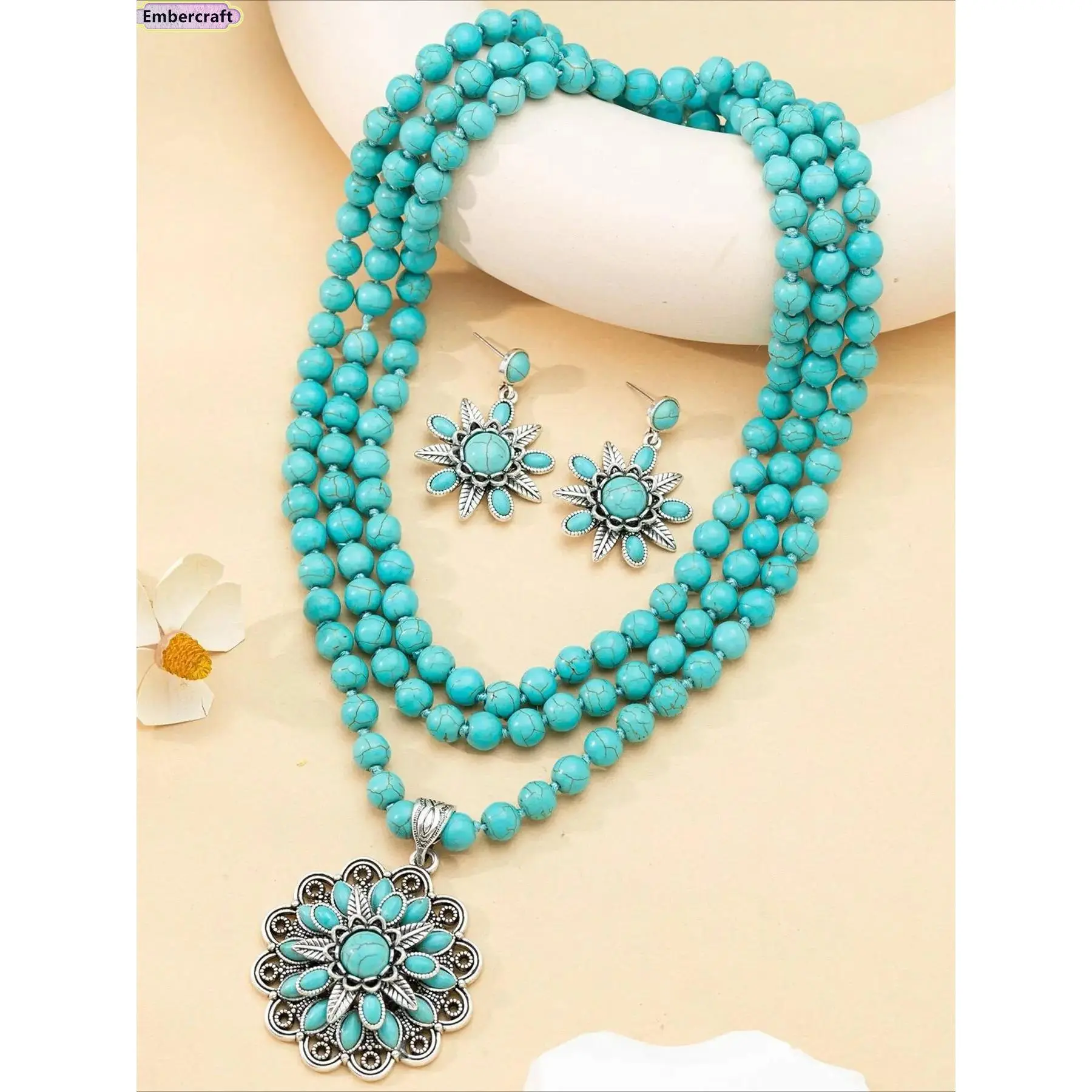 Women's Vintage Turquoise Jewelry Set - 2-Piece Bohemian Style Jewelry Pack with Necklace & Earrings, Coastal Cowgirl Accessories for Festival & Vacation Y2K Aesthetic Outfits, Turquoise Necklace