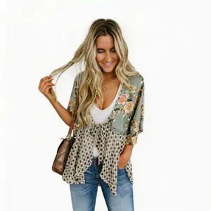 Women's Top Tunic Blouse Cardigan, Lightweight Chiffon Fabric, Tie-Front Floral Boho Design, 3/4 Ruffle Sleeves, Flowy Lady Beach Cover-Up, Women's Tops, Tops For Women