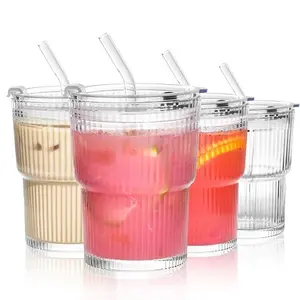 1/2/4 Counts 13 oz Glass Cups with Lids and Straws Ribbed Drinking Glasses Cup Leak Proof Iced Coffee Glass Tumbler for Soda Smoothie Juice Leakproof Tumbler