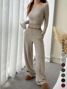 women's casual striped long sleeve top & loose pocket pants set, european style new arrival, comfortable for daily wear, womenswear, fall outfit