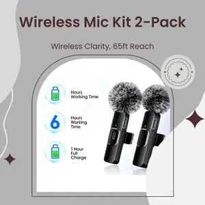 2-Pack Wireless Lavalier Microphone for iPhone, Android Phone - Noise Cancellation Audio Mic with Receiver, Charging Plug, 65ft Audio Range