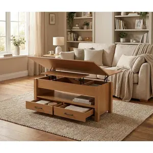Garvee Walnut Lift-Top Coffee Table,40 Inch Convertible Dining Table,4-in-1 Height Adjustable Top with 2 Drawers,Hidden Storage Compartments and Open Shelf,Engineered Wood,Converts to Dining Table for Living