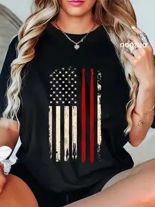 100% Cotton Unisex Vintage Drum Sticks American Flag Funny Drummer Gift For Him T-Shirt Casual Top