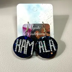 Majestic Masterpieces Hand-made Kamala Earrings with Pearl Lettering in Navy Blue Glitter
