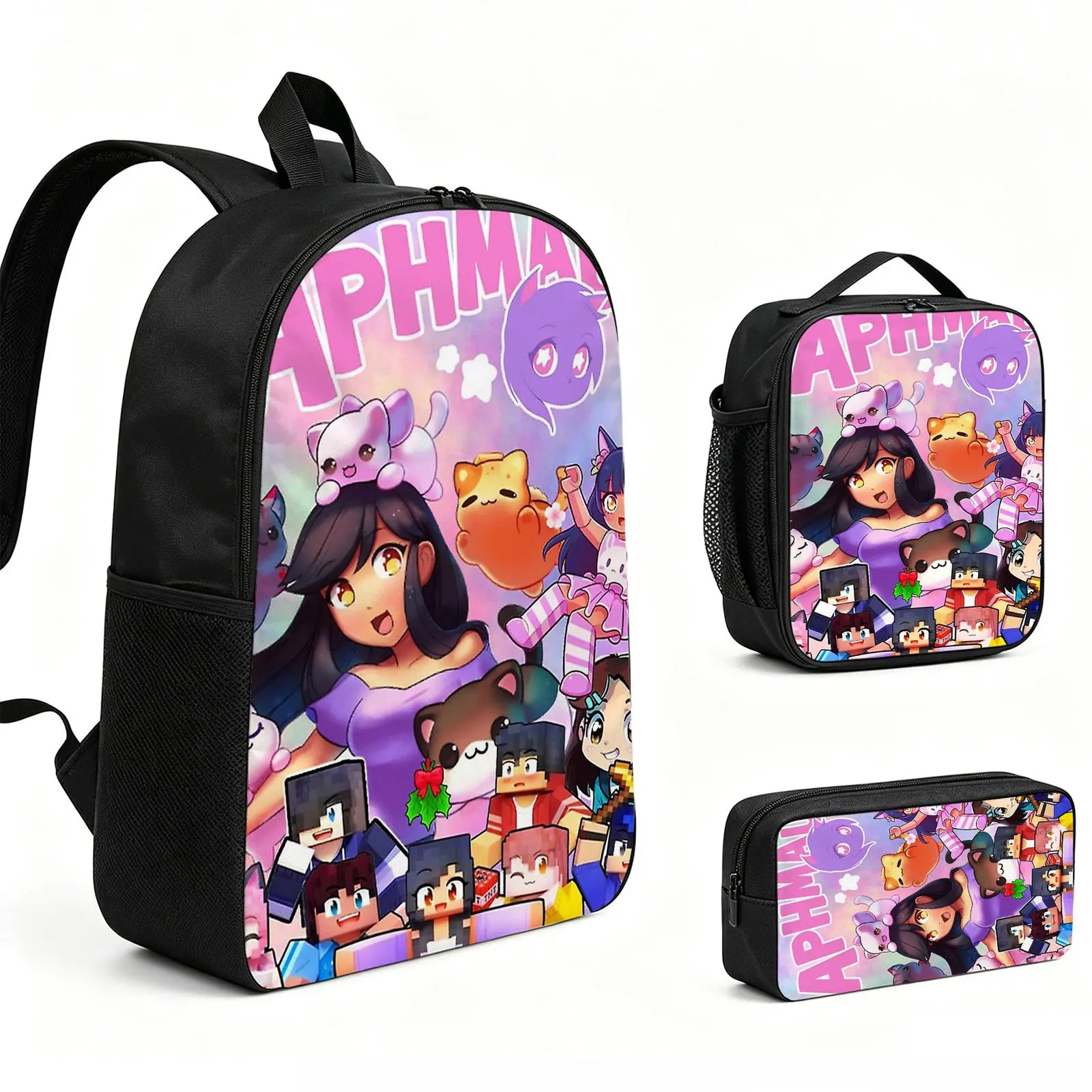 aphmau Backpack 3pcs Set with Vibrant Print, Durable School Bookbag with Insulated Lunch Tote and Pencil Bag for Teens Boys Girls, Multi-Functional Laptop Travel Daypack Gift for Kids L-181