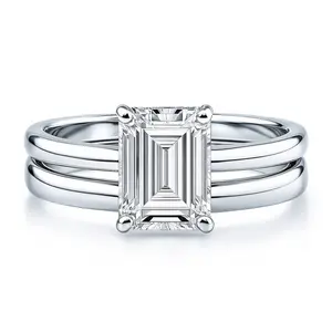 Solitaire 2.1ct Emerald Cut CZ Ring Set in Sterling Silver