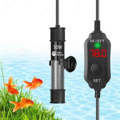 AquaMiracle Short Aquarium Heater (15W-300W) with LED Digital Display Thermostat, 1°F Steady Heat, 2 Temp Readouts, 97°F Overheat Stop, Out-of-Water Auto Shut-Off, Memory Function for Fish Tanks, Turtles