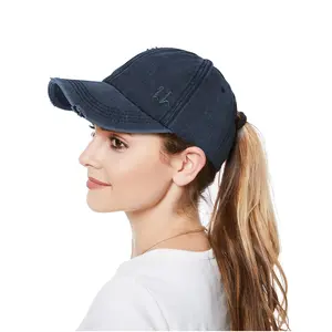 Women Ponytail Hat Baseball Cap, Adjustable Criss Cross Buns Ponycaps High Bun Cotton Distressed Dad Trucker Hats Gift Idea