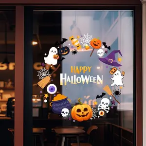 Halloween Party Window Sticker, 45cmx45cm PVC Static Adhesive, Pumpkin Bat Ghost Wreath Design, Festive Decoration for Home
