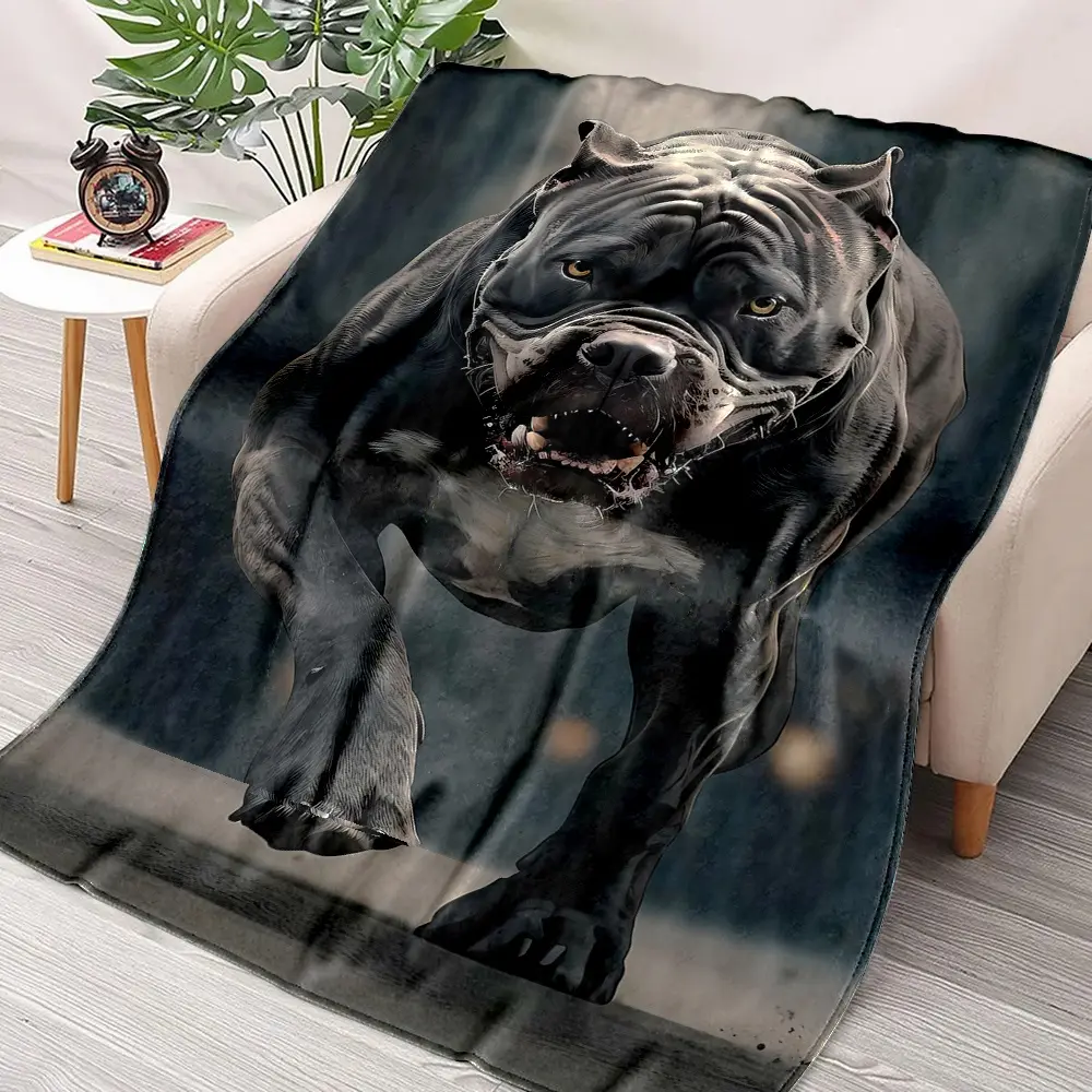 Ferocious Pitbull Pattern Ultra-Soft Flannel Throw Blanket, 100% Polyester Non-Woven Fabric, Digital Print, Lightweight Warm Reversible Modern Style Cartoon Theme Gift, No Piling or Shedding, All-Season Use