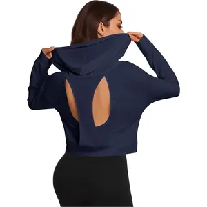 Women's Backless Cropped Hoodie Open Back Crop Top Sweatshirt Long Sleeve Workout Activewear Pullover