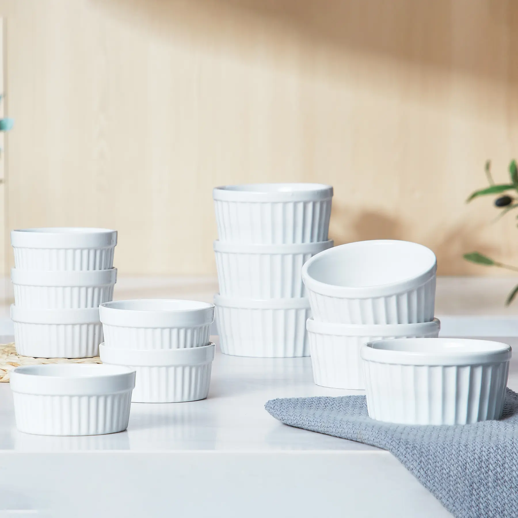 Ramekins  Creme Brulee Souffle Dishes Oven Safe Ceramic Pudding Cups With Silicone Covers Stackable Custard Cups Set Of 12 For Baking - White (2 Size)
