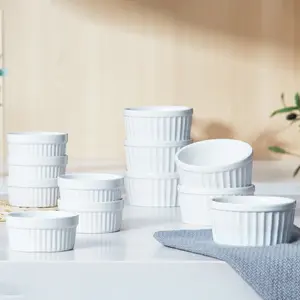 Ramekins  Creme Brulee Souffle Dishes Oven Safe Ceramic Pudding Cups With Silicone Covers Stackable Custard Cups Set Of 12 For Baking - White (2 Size)