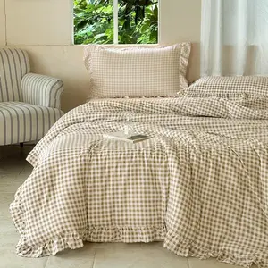 Tan Ruffle Gingham Comforter Set King, Pre-Washed Ruffled Taupe Checked Comforter Bedding, 3 Pieces Vintage Farmhouse Grid Bedding Set(Tan Gingham, King)