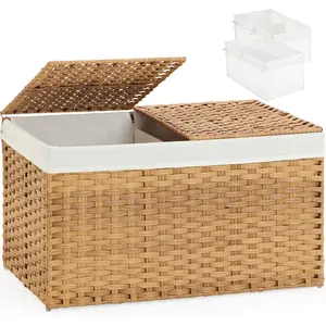 Storage Basket with Lid Rattan Woven Storage Baskets with 2 Separate , 17.2 Gallon (65 L), 22 x 13 x 13.8 Inches,Foldable, 2 Removable Liner Bags Handles for Bedroom, Laundry Room