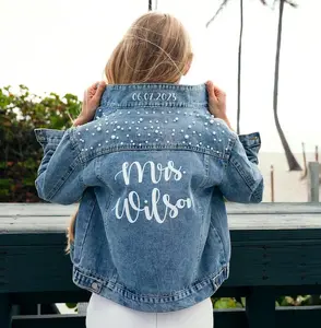 Wedding Bridal Denim Jacket, Bride Denim jacket with pearls, Mrs Custom Jean Jacket, Date under the collar jacket, Personalized jacket-autum