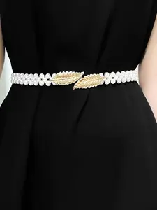 1 Piece Women's Elegant Faux Pearl Decorated Fashion Belt, Exquisite Waist Belt with Leaf Design, Clothes Accessories For Women's Clothing Decoration, Exquisite Beaded Belt