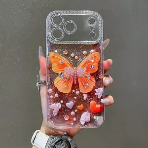 Dreamy Butterfly Decor iPhone 17 Pro Max Smartphone Protective Case with Sparkling Diamonds and Lens Film Protection, Stylish Phone Cover Protector Accessories