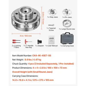 VEVOR 4 Inch Wood Lathe Chuck, 4-Jaw, Self-Centering Wood Turning Chuck Set with 1x 8TPI Thread Adapter, 4 PCS Round/Step/Pin Jaws, Case, Nickel-Plated, High-Hardness Steel, for Woodworking Lathe