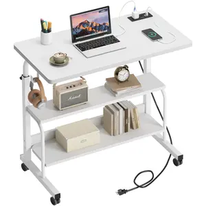 Height Adjustable Side Table - Vintage C-Shaped End Table with Wheels, Mobile Couch Table for Laptop, Bedside Sofa Table for Living Room & Office Standing Desk