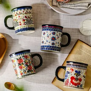 Hand Painted Vintage Floral Ceramic Mugs Set of 4, 14 Oz Teacups for Hot & Cold Beverages, Elegant Versatile Home Kitchen Drinkware