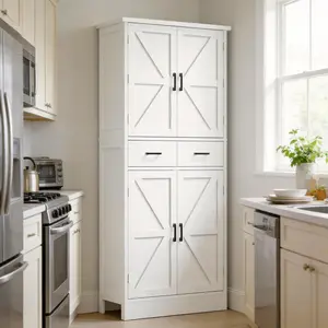 66.9" Tall Modern Wooden Kitchen Pantry Cabinet with Drawers, Side Racks & Magnetic Door, Large Capacity Wood-Look Floor Cabinet Organizer for Home Kitchen, Dining Room, Wood-Look Floor Cabinets
