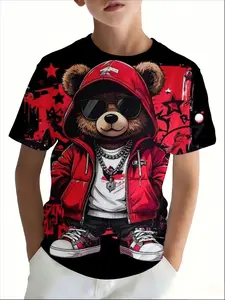 Boys' Crew Neck Short Sleeve T-Shirt athleisure Bear In Red Hoodie With Sunglasses And Chains 3D printing Graphic Print Shirt Graphic Tees spring and summer casual style perfect gift trendy super cool